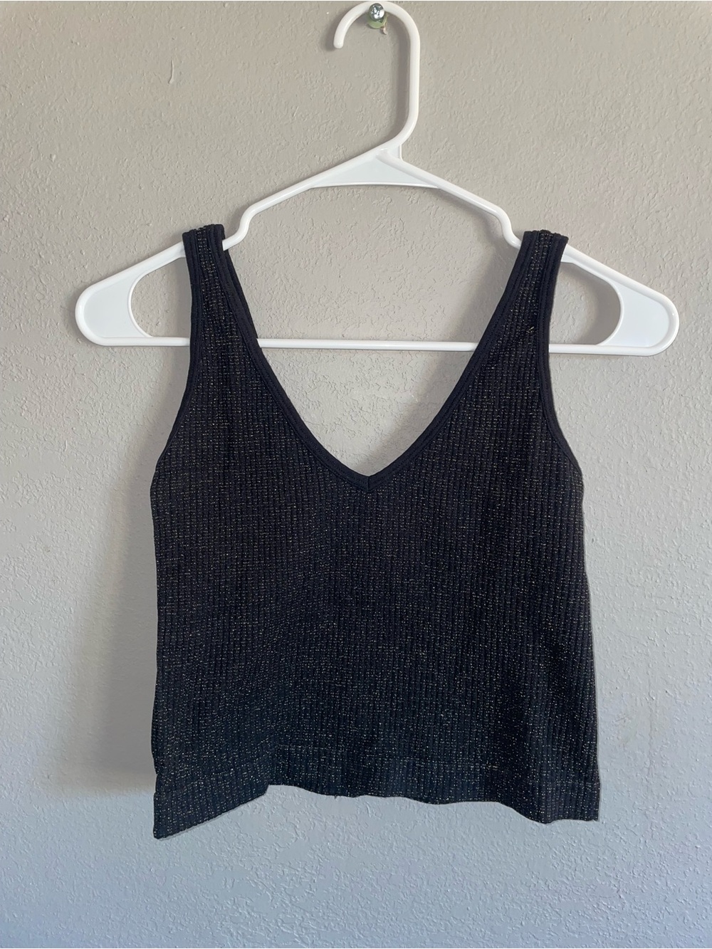 Free People Black Ribbed V-Neck Tank with Subtle Shimmer